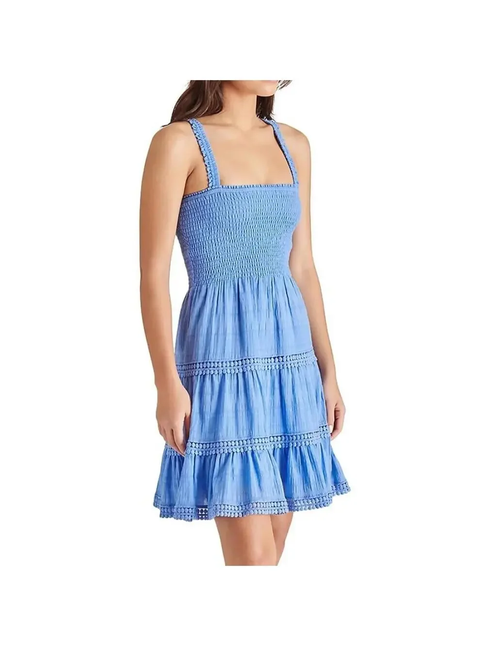 Steve Madden Kahina Smocked Tiered Cotton Sundress NWT Azure Blue Large
